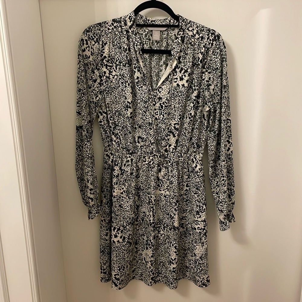 H&M satin feel, black and off white print dress.